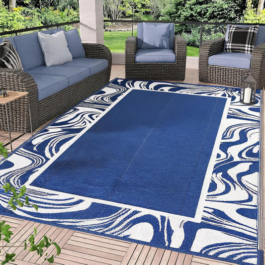 Outdoor Rug for Patio 6x9 Waterproof Reversible Mat Modern Bordered Plastic Straw Large Outdoor Carpet Foldable Patio Camping Rug for Patio, RV, Deck, Balcony, Backyard, Picnic, Beach, Clover,Navy