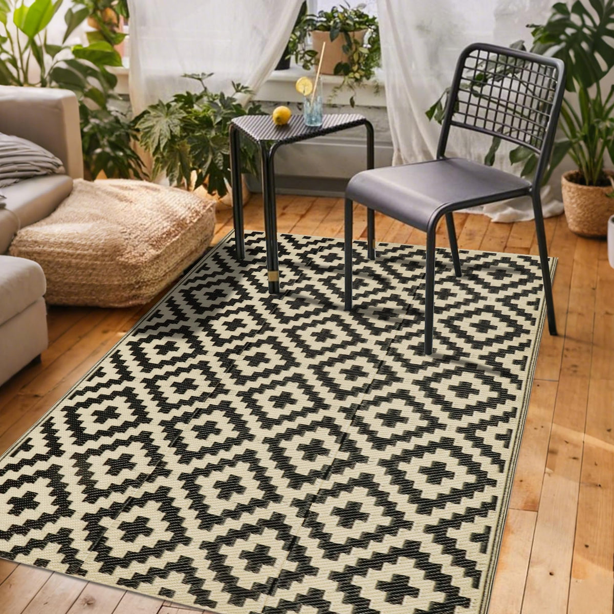 SAND MINE Waterproof Outdoor Rug 5x8 ft, Plastic Reversible Rug, Modern Area Rug, Large Floor Mat for Outdoors, RV, Patio, Backyard, Deck, Picnic, Beach, Camping, Black & Beige