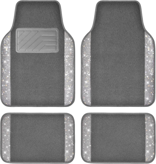 CAR PASS Bling Diamond Car Mats Shining Carpet Crystal Rhinestones Sparkly Glitter Floor Mats with Anti-Slip PVC Heel Pad Universal Fit for Automotive SUV, Sedan, Car, Van, 4pcs for Girl Women, Gray