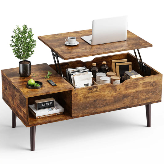 Sweetcrispy Lift Top Solid Wood Coffee Table - Height Adjustable Indoor Furniture, Simple Style Fits Decor Living Room Centerpiece with Storage Shelf and Hidden Storage for Dining Use