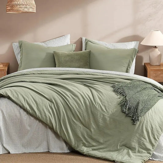 【Back to School】Monbix 7-Pieces Microfiber Comforter Set, Modern Farmhouse Coastal Style Bedding Set with Double Sided Storage Pockets, 1 Comforter, 2 Pillowcases, 2 Shams, 1 Flat & 1 Fitted Sheet,SummerWins,DFYD,deals for you,mid year sale,restock, Bed S