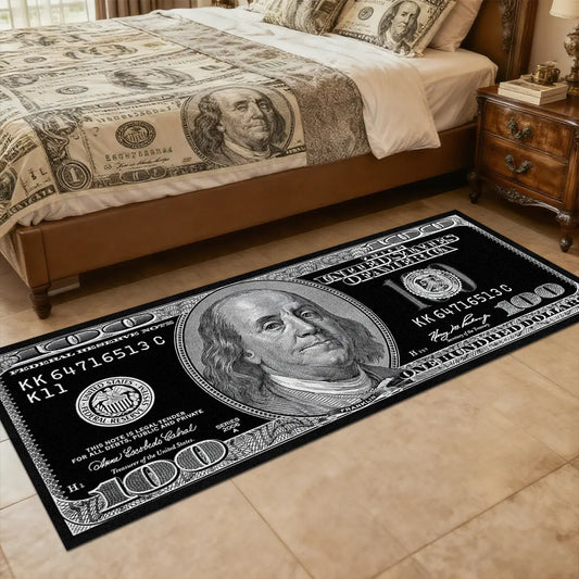 Black dollar rug, 1 Count long rug, $100 Bill pattern design, 100 Dollar Bill black printed floor mat, suitable for corridors, kitchens, bedrooms, living rooms and other scenes, multiple sizes available