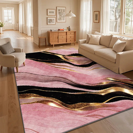 Multi-Size Soft Pink Black Gold Marble Round Non-Slip Rug - Machine Washable Decorative Area Rug, Luxury Touch Home Decor for Living Room, Unique Room Decor Carpet, Boujee Home Accessories, Black And Gold Area Rugs