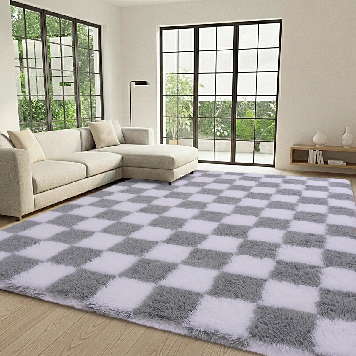 【Back To School】QULINT Fluffy Checkered Shag Area Rug for Bedroom Living Room, Modern Geometric Grid Plush Carpet with Upgrade Non-Slip Backing, Ultra Soft High Pile Fuzzy Floor Rug for Home Decor, Cozy SilkTouch Rug for Apartment Dorm Nursery Room, Room,