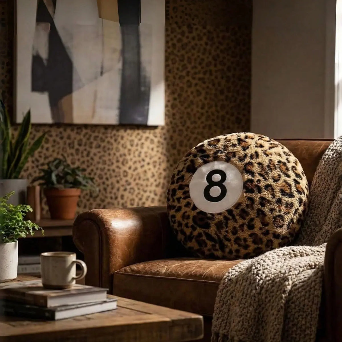 Leopard Print 8-Ball Throw Pillow, Trendy Round Y2K Cushion for Bed and Couch, Cozy Room Decor Accent Pillow, Holiday Gift for Friends and Family