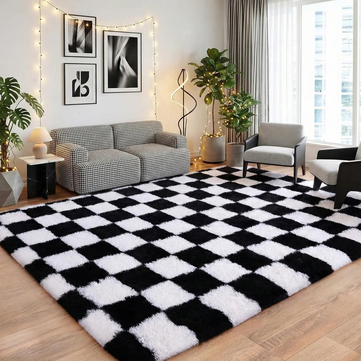 BOLACROM Decorative Rug, Ultra-Soft Plush Shaggy Washable Non-Slip Bedroom Item with 4 Free Rug Grippers, Stays Put for Daily Play, Fits Bedroom & Kids Rooms, Modern Home Decor, 4x6 5x7 6x9 8x10 Blush Pink & White Checkerboard