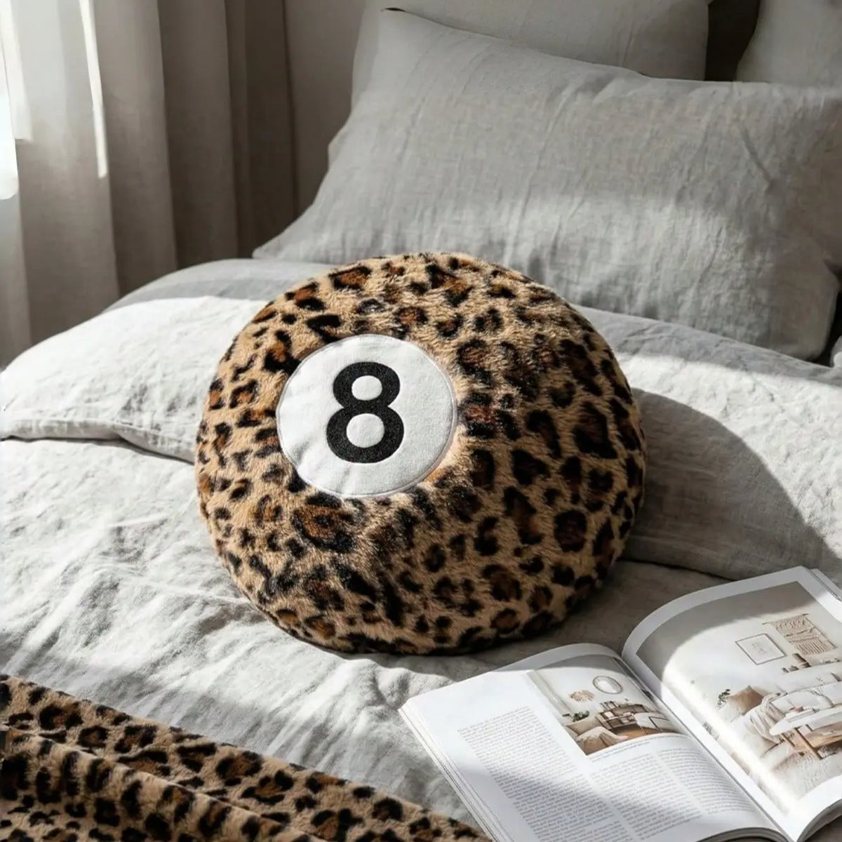 Leopard Print 8-Ball Throw Pillow, Trendy Round Y2K Cushion for Bed and Couch, Cozy Room Decor Accent Pillow, Holiday Gift for Friends and Family