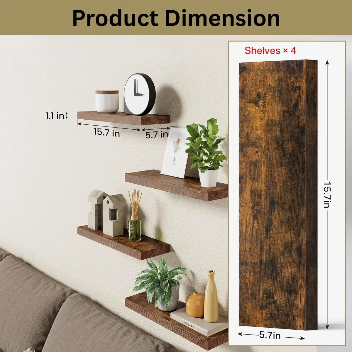 4-Shelf Cohesive Set Rustic Floating Wall Shelves - Storage Organization Solution for Bedroom, Kitchen, Living Room Decor, Multi-Use for Bathroom Over Toilet