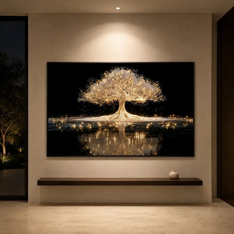 Wooden Framed Tree of Life Canvas Painting, Modern Abstract Wall Art, Golden Luminous Tree Design, Living Room, Bedroom, Corridor Decor, Easy to Hang, Luxury Decor, Spiritual Art, Meditation Decor, Housewarming Gift, Contemporary Art