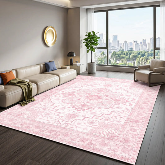 BLIOWL Boho Pink Area Rug, No Shedding Rental Friendly Low Pile Faux Cashmere Vintage Persian Print Rug, Non Slip Machine Washable Soft Bohemian Carpet for Apartment Makeover Bedroom Living Room Dorm Decor #summerwins, Room Decor, Living Room Decor, Rugs,