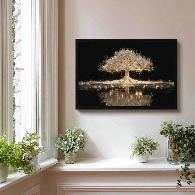 Wooden Framed Tree of Life Canvas Painting, Modern Abstract Wall Art, Golden Luminous Tree Design, Living Room, Bedroom, Corridor Decor, Easy to Hang, Luxury Decor, Spiritual Art, Meditation Decor, Housewarming Gift, Contemporary Art
