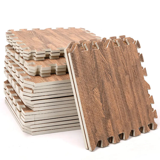 Wood Grain EVA Foam Interlocking Puzzle Floor Mat Tiles - 24pcs 30x30cm 1cm Thick, Tool-Free Assembly, Waterproof, Anti-Slip, Mold-Resistant, Dustproof, All-Surface, Aesthetic - Indoor/Outdoors for Exercise Areas, Playroom, Traditional, Detachable Clean R