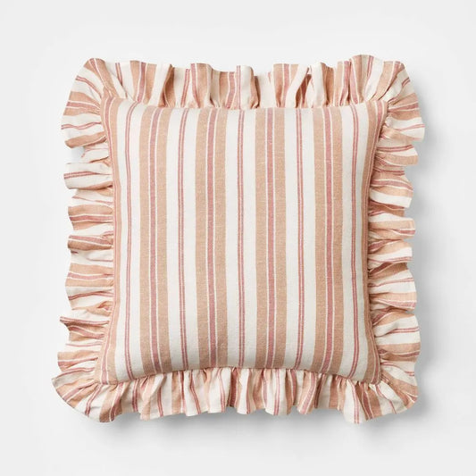 Threshold designed with Studio McGee Square Woven Stripe Linen Throw Pillow with Ruffle - woven sofa cushion, comfy cushions with soft cushioning, aesthetic home decor for blue shades room, couch pillows, Room Decor
