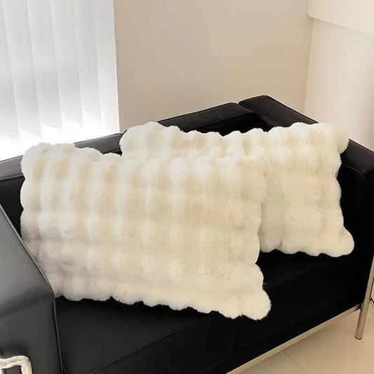 Ultra-Soft Faux Rabbit Fur Modern Pillow - Luxurious White Breathable Cushion with Zipper, Crocheted Edge, Antibacterial Feature for Sofa, Bed - Bed Accessories for Cozy Corner Decor, Comfy Cushions