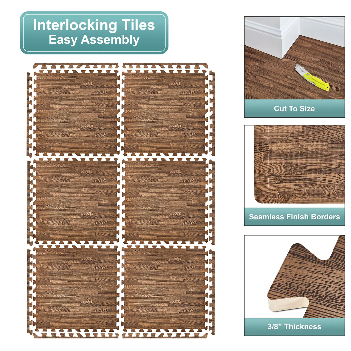 Sorbus Wood Grain Floor Tiles 80, 120, and 144 Sq. Ft. Foam Mat EVA Interlocking Mats Tile 3/8-Inch Thick Flooring Wood Puzzle Exercise Mats w/ Borders - Home Playroom Basement, Apartment, Trade Show, Baby, Dance