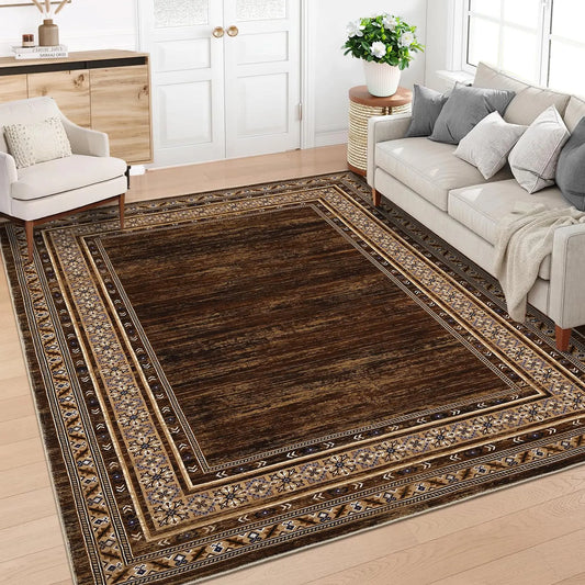 Washable Area Rug  Modern Distressed Geometric Bordered Carpet Ultra Thin Low Pile Non Slip Non Shedding Soft Floor Cover Mat for Living Room Bedroom Dining Room