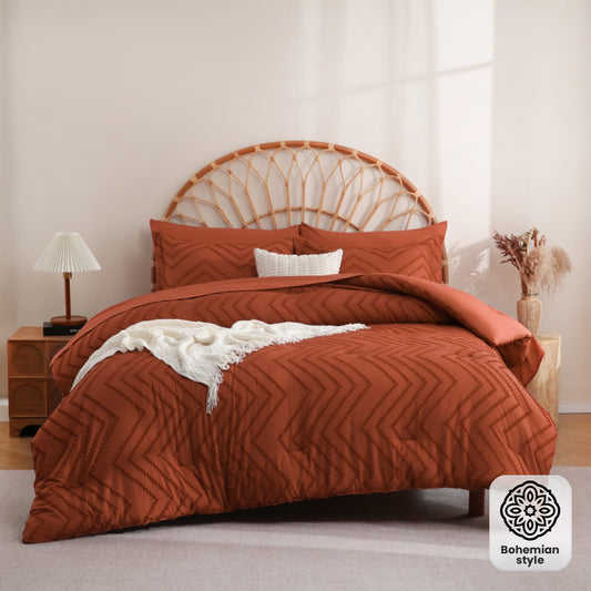 7pcs Chevron Boho Shabby Chic Farmhouse Comforter Set Bedding Set, Tufted Bed In A Bag Queen And King Size, Soft Microfiber Lightweight Bedding Set for All Season, Local Warehouse, Perfect Bedroom Decor, King Size Bed Comforter Sets