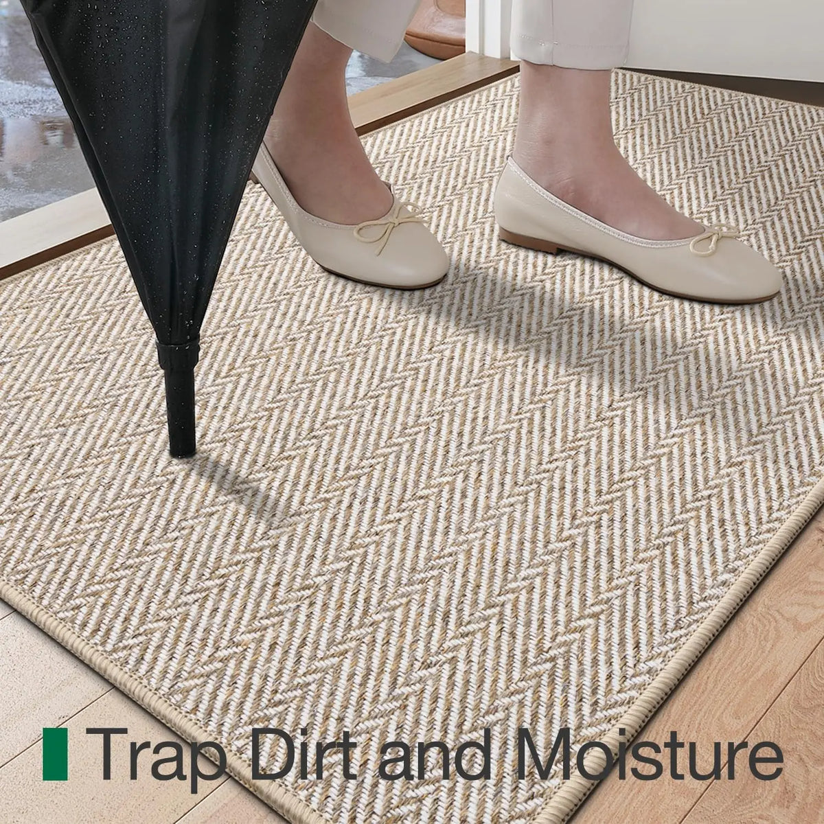 LUMI Ultra-Thin Non-Slip Low-Profile Indoor Door Mat, Herringbone Style House Decor Rug, Washable Apartment Accessories for Entrance, Patio, Aesthetic Home Decor Patio-Ready Mat