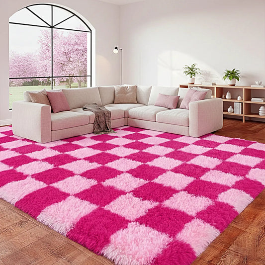【Back To School】QULINT Fluffy Checkered Shag Area Rug for Bedroom Living Room, Modern Geometric Grid Plush Carpet with Upgrade Non-Slip Backing, Ultra Soft High Pile Fuzzy Floor Rug for Home Decor, Cozy SilkTouch Rug for Apartment Dorm Nursery Room, Room,