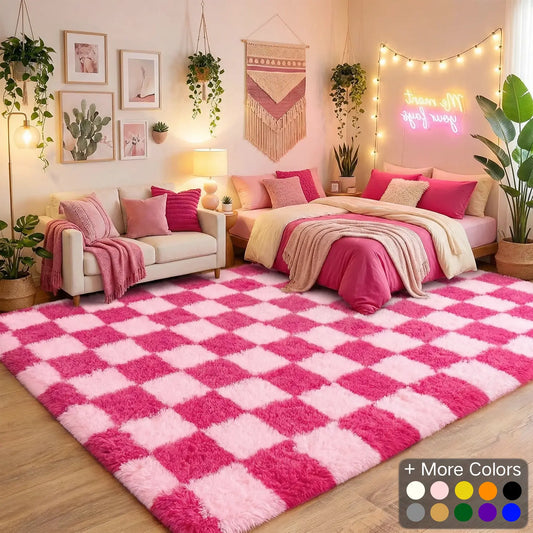 BOLACROM Decorative Rug, Ultra-Soft Plush Shaggy Washable Non-Slip Bedroom Item with 4 Free Rug Grippers, Stays Put for Daily Play, Fits Bedroom & Kids Rooms, Modern Home Decor, 4x6 5x7 6x9 8x10 Blush Pink & White Checkerboard