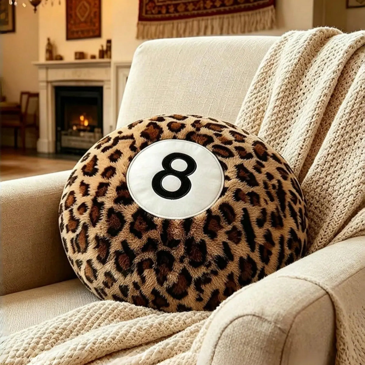 Leopard Print 8-Ball Throw Pillow, Trendy Round Y2K Cushion for Bed and Couch, Cozy Room Decor Accent Pillow, Holiday Gift for Friends and Family