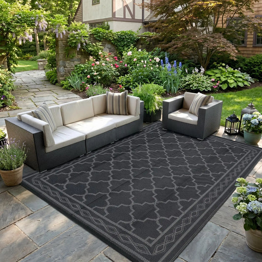 Garvee Double-Sided Reversible Plastic Straw Rug, Modern Geometric Design, Stain-Resistant & UV-Protective, Foldable & Portable, Ideal for Patio, Beach, Garden Outdoor Carpet
